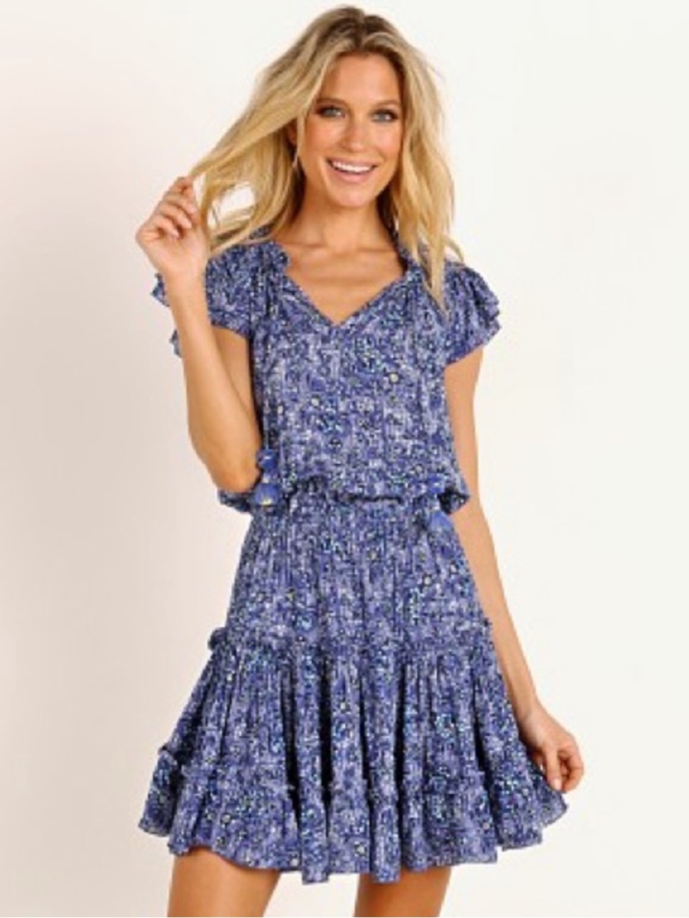 Poupette St Barth Nava Ruffled Mini Dress Blue Floral Mini Dress